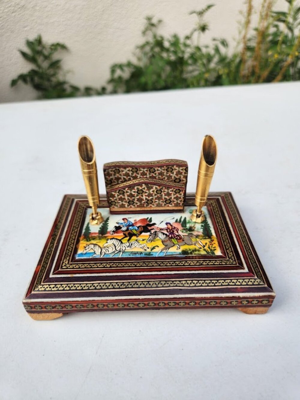 Vintage Persian Khatam Kari Desk Organizer Pen and Card Letter Holder Hand Paint